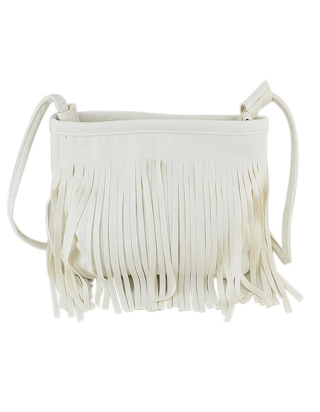Romwe White Pu Leather Tassel Along Bag