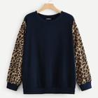 Romwe Plus Contrast Leopard Sleeve Sweatshirt