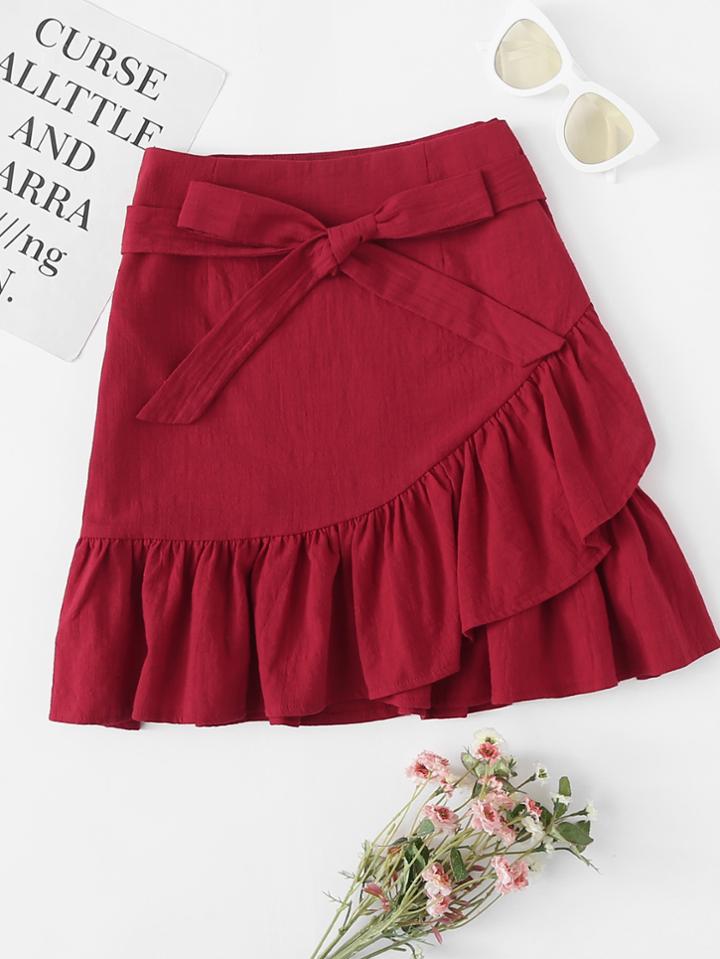 Romwe Ruffle Hem Knot Front Skirt