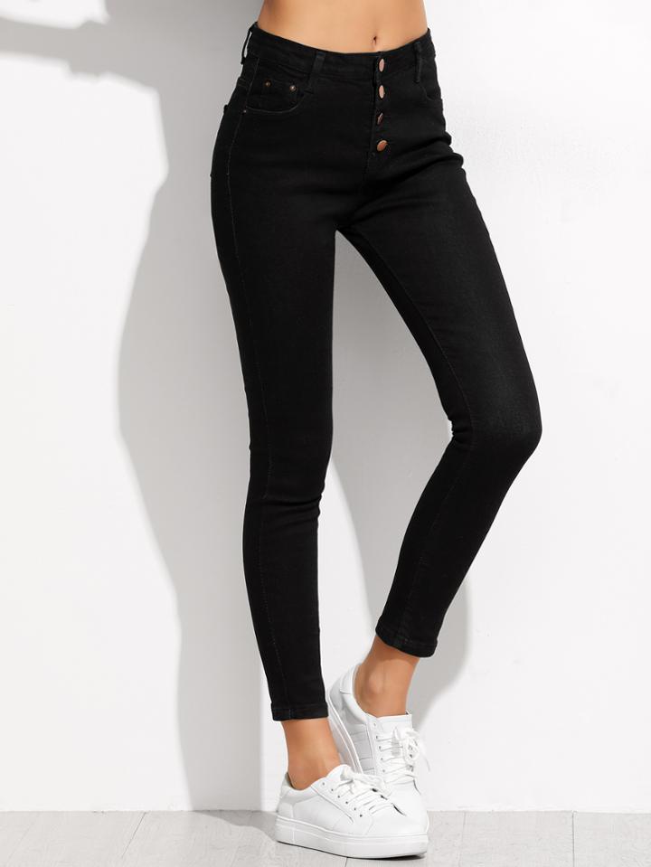 Romwe Black Single Breasted Skinny Ankle Jeans