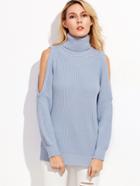 Romwe Blue Turtleneck Open Shoulder Sweater