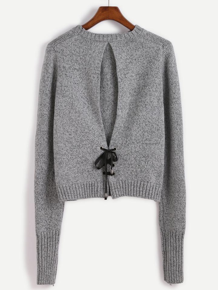 Romwe Grey Lace Up Back Sweater