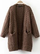 Romwe Coffee Cable Knit Side Slit Sweater Coat With Pocket