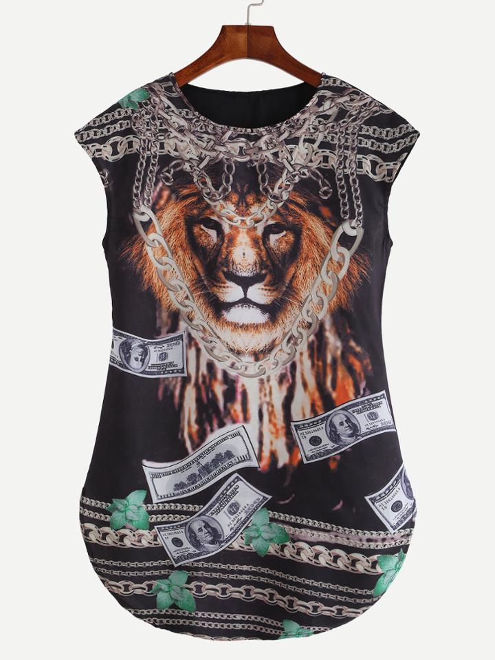 Romwe Black Lion Head Print Curved Hem Top