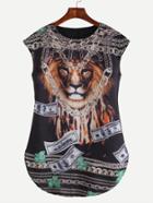 Romwe Black Lion Head Print Curved Hem Top