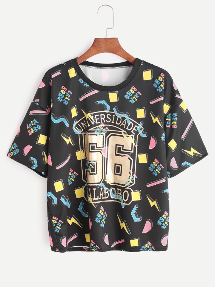 Romwe Black Printed Drop Shoulder T-shirt