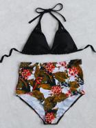 Romwe Black Tropical Print High Waist Triangle Bikini Set