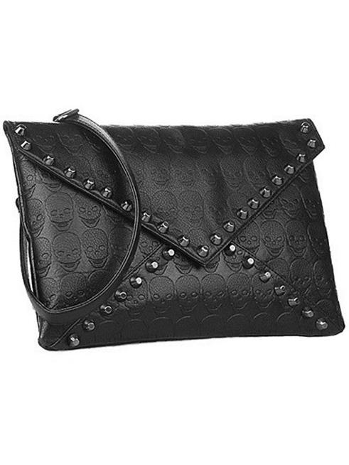 Romwe Black Zipper Skull Patterned Studded Bag