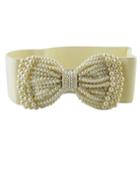 Romwe White Pu Leather Imitation Pearl Bow Shape Wide Fashion Waist Belt