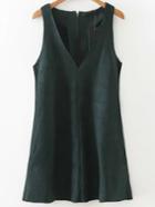 Romwe Dark Green V Neck Sleeveless Zipper Back Dress