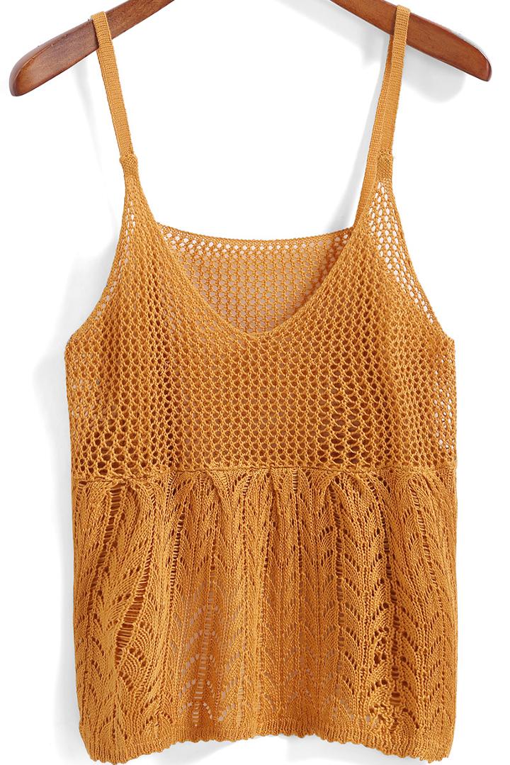 Romwe Spaghetti Strap Crochet Hollow Brown Cami Top