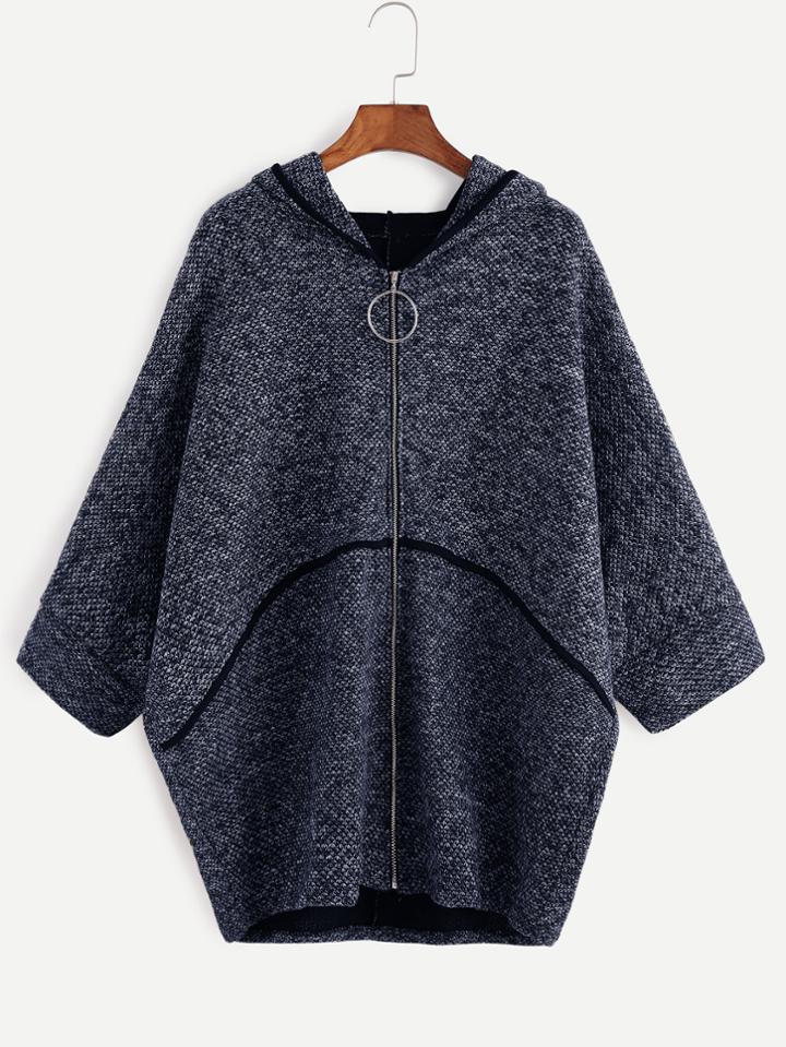 Romwe Navy Batwing Sleeve Zipper Up Hooded Coat