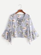 Romwe Blue Florals V Neck Bell Sleeve Lace Up Blouse