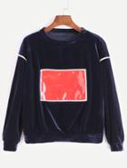 Romwe Royal Blue Contrast Patch Velvet Sweatshirt