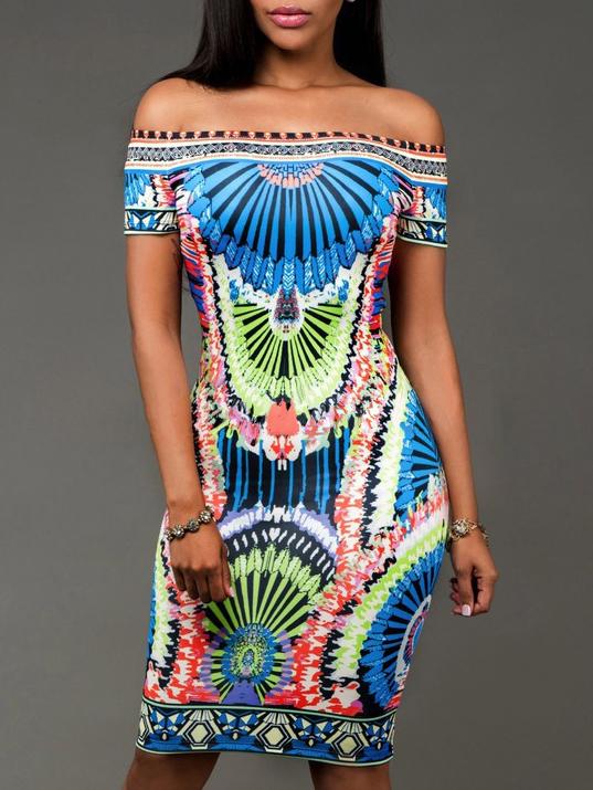 Romwe Multicolor Tribal Print Off The Shoulder Sheath Dress