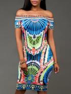 Romwe Multicolor Tribal Print Off The Shoulder Sheath Dress
