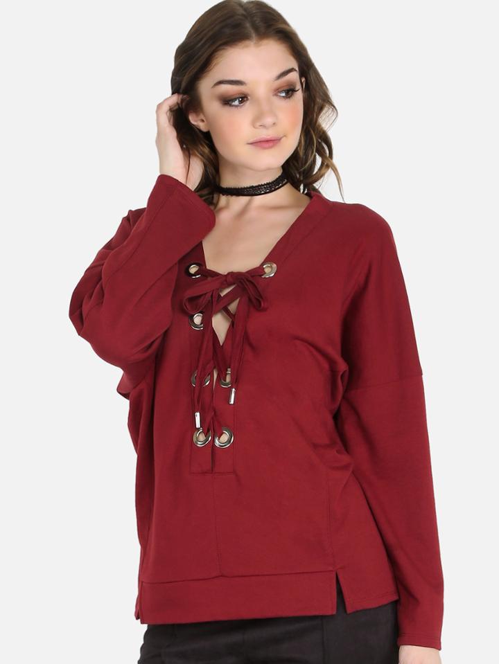 Romwe Bat Wing Lace Up Sweater Top Brick