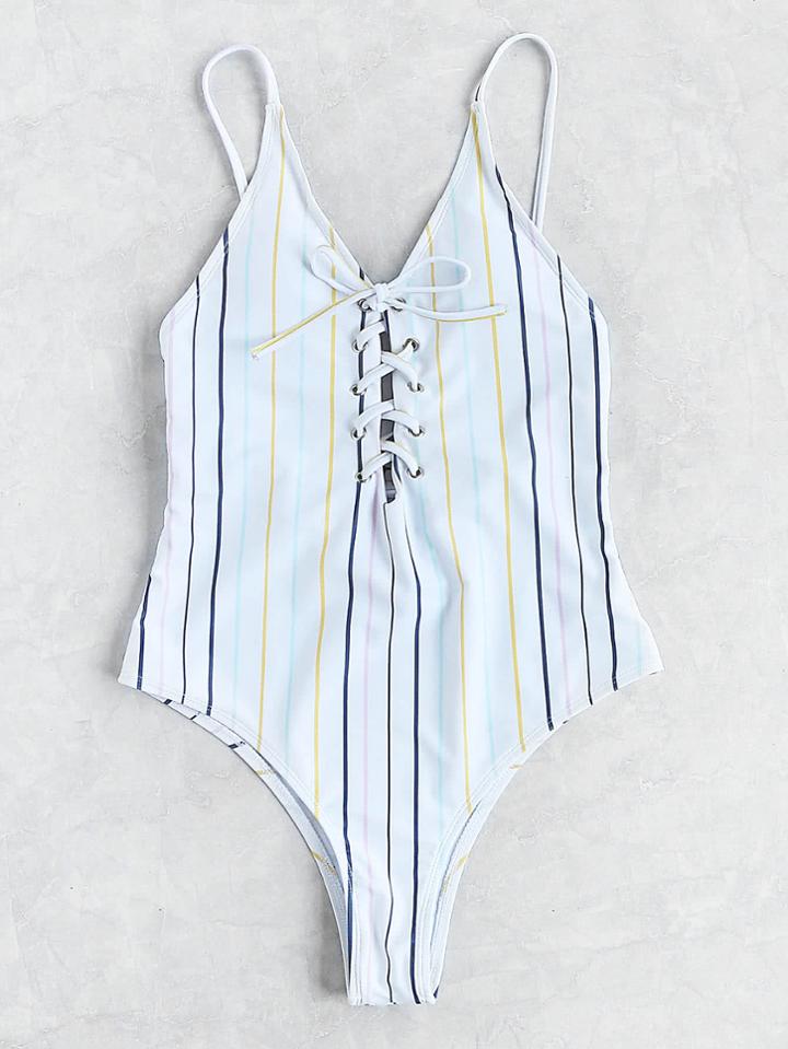 Romwe Striped Lace Up Cami Swimsuit