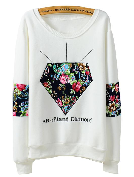 Romwe Floral Diamond Embroidered Sweatshirt