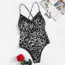 Romwe Leopard Criss Cross Low Back One Piece Swim