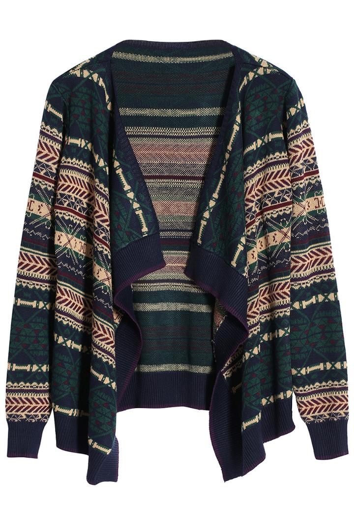 Romwe Geometrical Print Green Knitted Cardigan