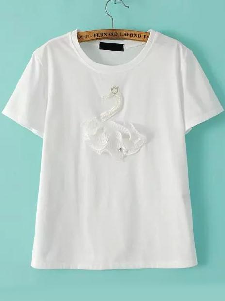 Romwe With Pearl Swan Patch White T-shirt