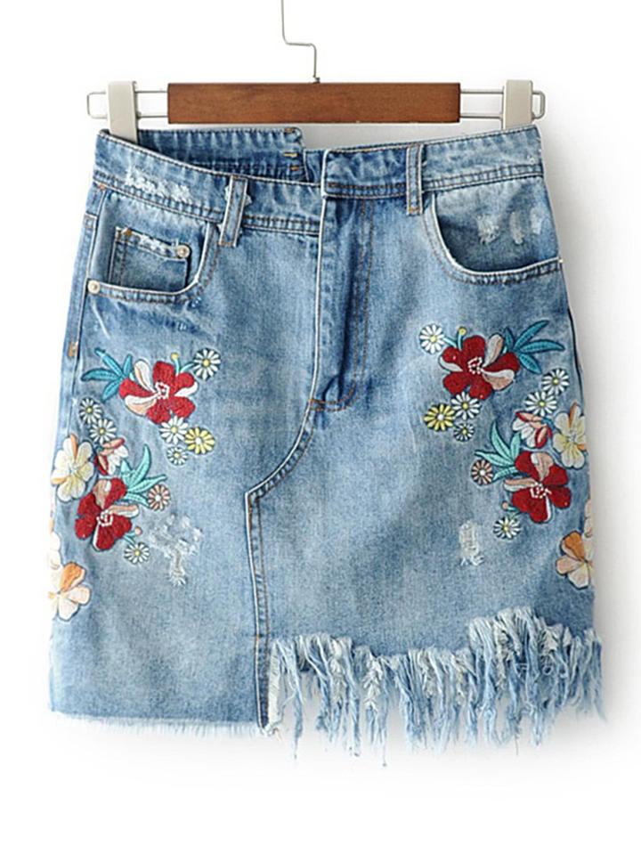 Romwe Frayed Hem Denim Bodycon Skirt