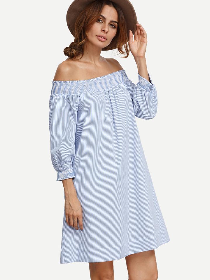 Romwe Blue Striped Pocket Elasticated Off The Shoulder Dress