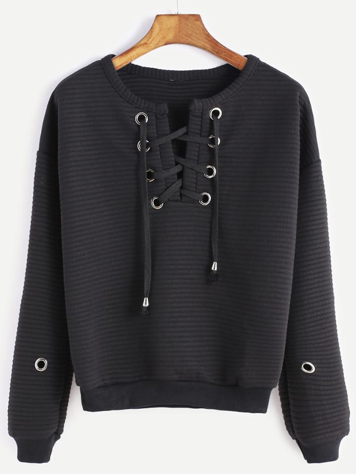 Romwe Black Lace Up Metal Eyelet Trim Ribbed Sweatshirt