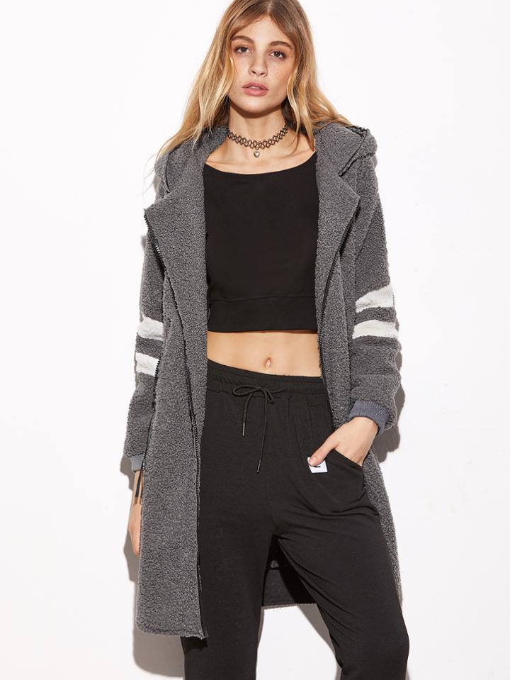 Romwe Grey Hooded Striped Trim Zipper Coat