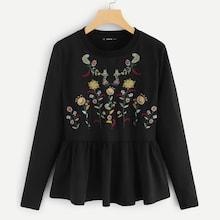 Romwe Floral Embroidered Peplum Hem Sweatshirt