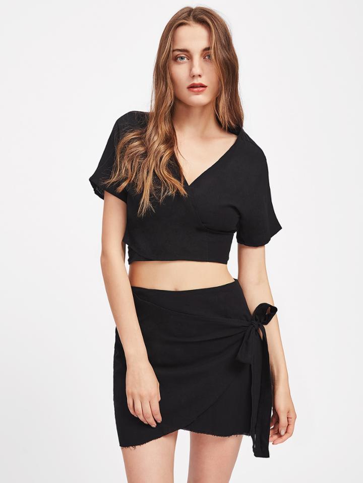 Romwe Crisscross Tie Back Top With Overlap Skirt