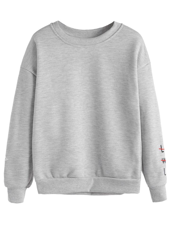 Romwe Grey Letters & Gesture Embroidered Sweatshirt