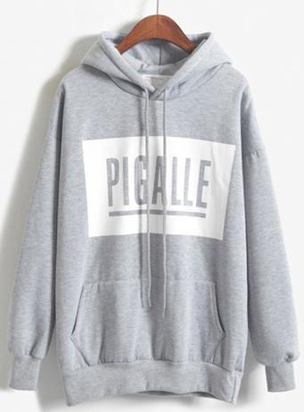 Romwe Hooded Pigalle Print Grey Sweatshirt