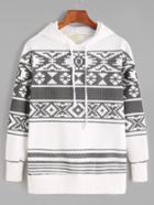 Romwe White Geo Print Drawstring Hooded Sweatshirt