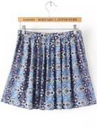 Romwe Elastic Waist Vintage Print Blue Skirt