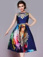 Romwe Sleeveless Beauty Print Flare Dress