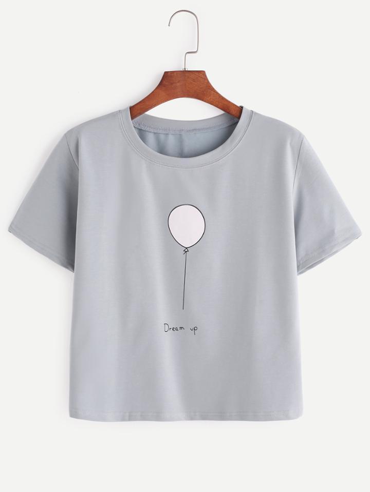 Romwe Pale Blue Ballon Print T-shirt