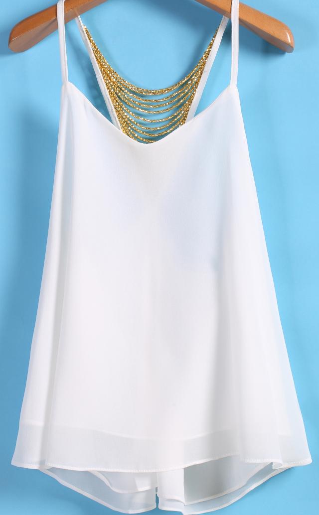 Romwe Spaghetti Strap Bead Decoration Chiffon White Vest