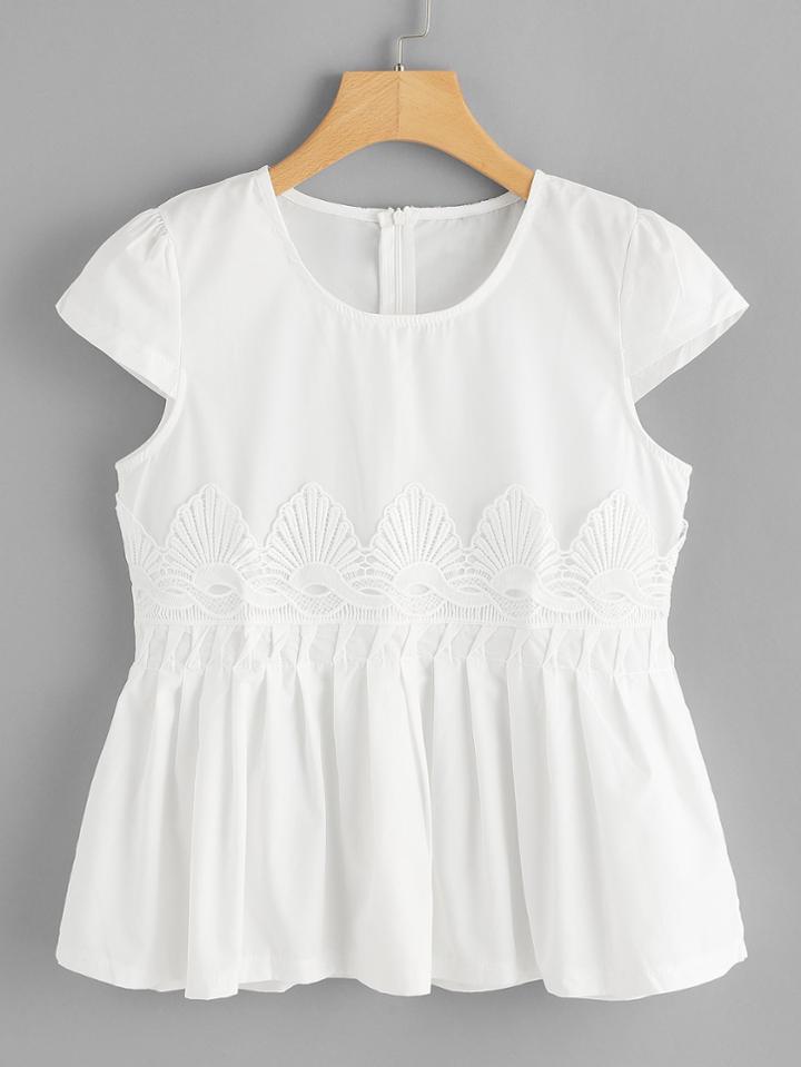 Romwe Contrast Lace Ruffle Hem Zip Up Back Blouse