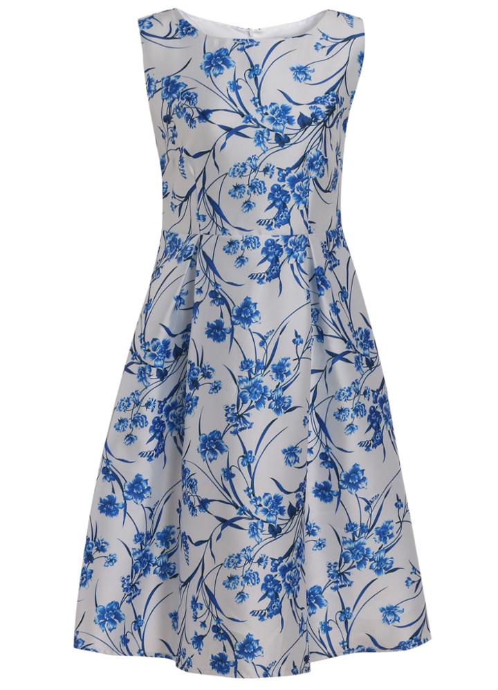 Romwe Sleeveless Flower Print A-line Dress