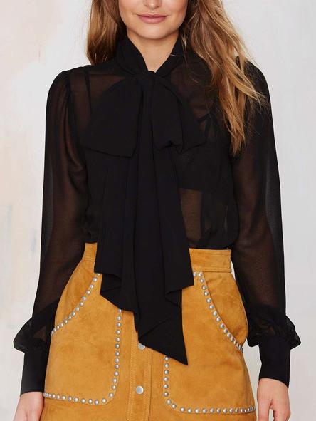 Romwe Women Black Sheer Tie Neck Shirt
