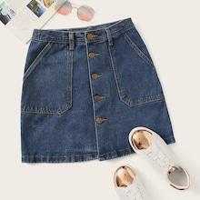 Romwe Plus Button Front Denim Skirt