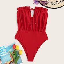 Romwe Frill Trim Ruched Tube One Piece Swimwear