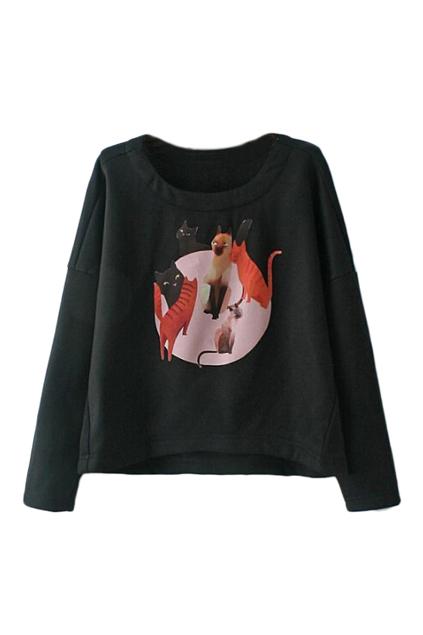 Romwe Various Cats Print Black Casual Sweatshirt