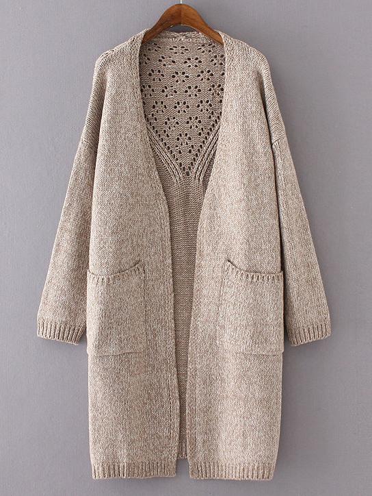Romwe Khaki Drop Shoulder Eyelet Pockets Cardigan