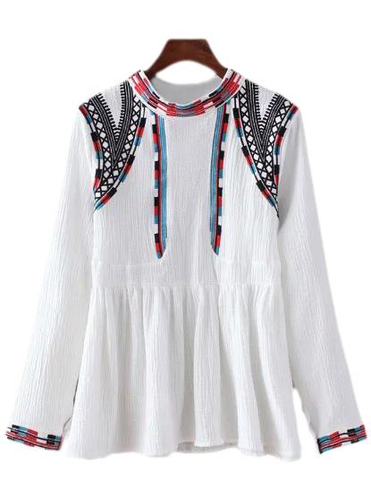 Romwe Multicolor National Embroidery Stand Collar Doll Blouse