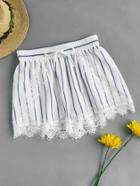 Romwe Shirred Waist Lace Applique Pinstripe Shorts