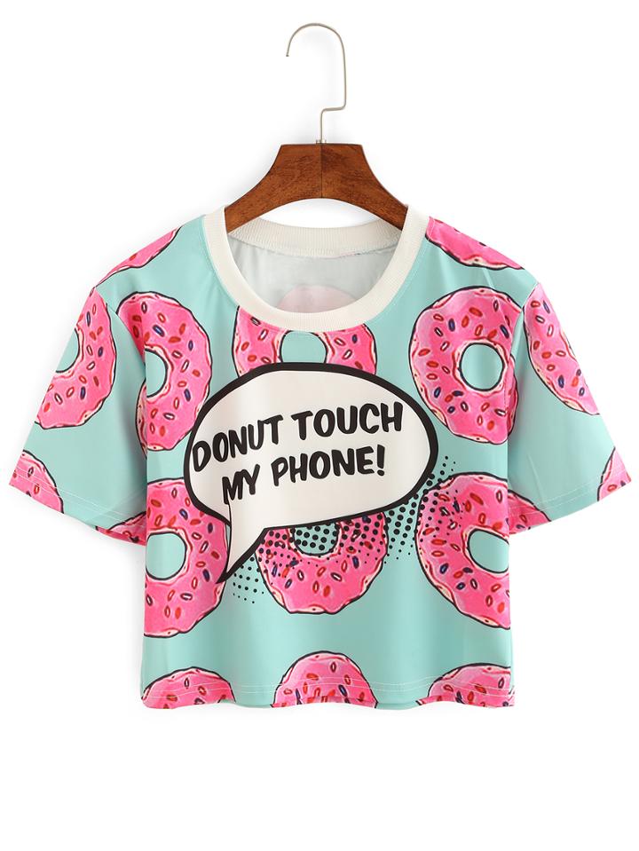 Romwe Contrast Neck Donut Print Crop T-shirt