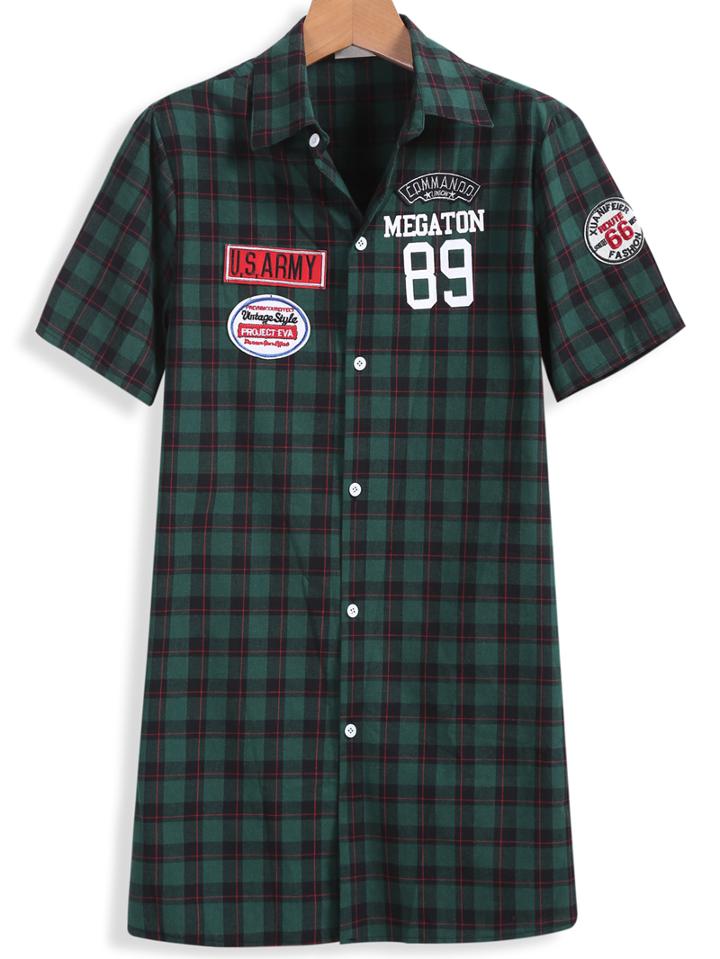 Romwe Lapel Short Sleeve Plaid Green Blouse